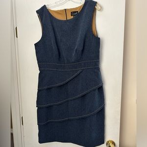 Connected Apparel flattering sleeveless denim dress with tiered ruffle design.